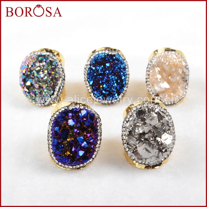 

BOROSA 5 pcs Self Design New Gold Color Rainbow Crystal Druzy Titanium Druzy Quartz Ring Paved Zircon JAB255