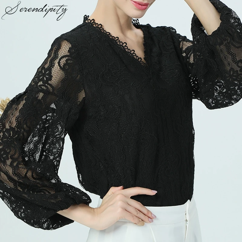

Women Blouse Shirt Sexy Mesh Long Sleeve Female Top Shirt Summer Loose Tops 2020 Elegant V Neck Sweet Floral Lace Flare Sleeve