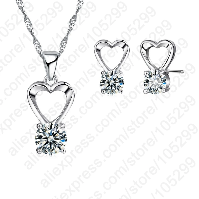 

Hot Heart Shiny Jewelry Set For Women Cubic Zircon CZ 925 Sterling Silver Pendant Necklace & Stud Earrings Sets