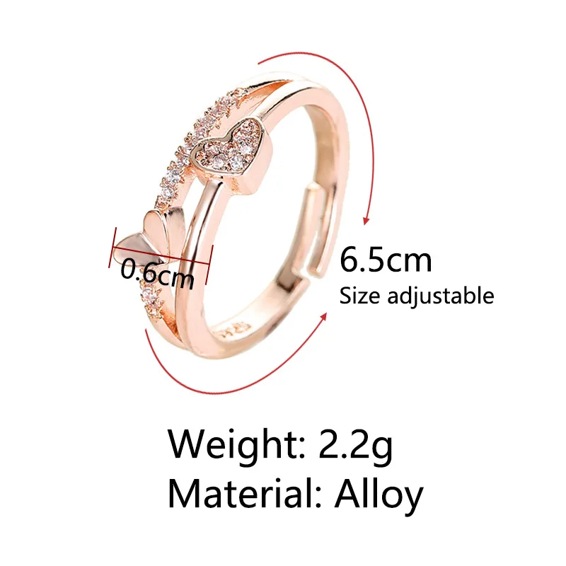1pcs Wholesale Lots Bulk Korean Alloy Double Heart CZ Gold Silver Color Adjustable Band Rings for Women Finger Jewelry | Украшения и