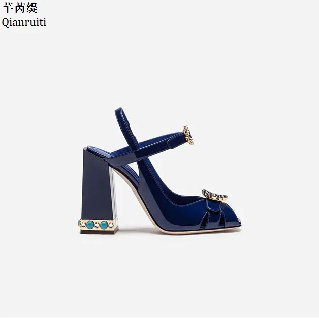 Qianruiti Printing Leather Women High Heels Sandals Open Toe Buckle Strap Pumps Studded Crystal Block Shoes | Обувь