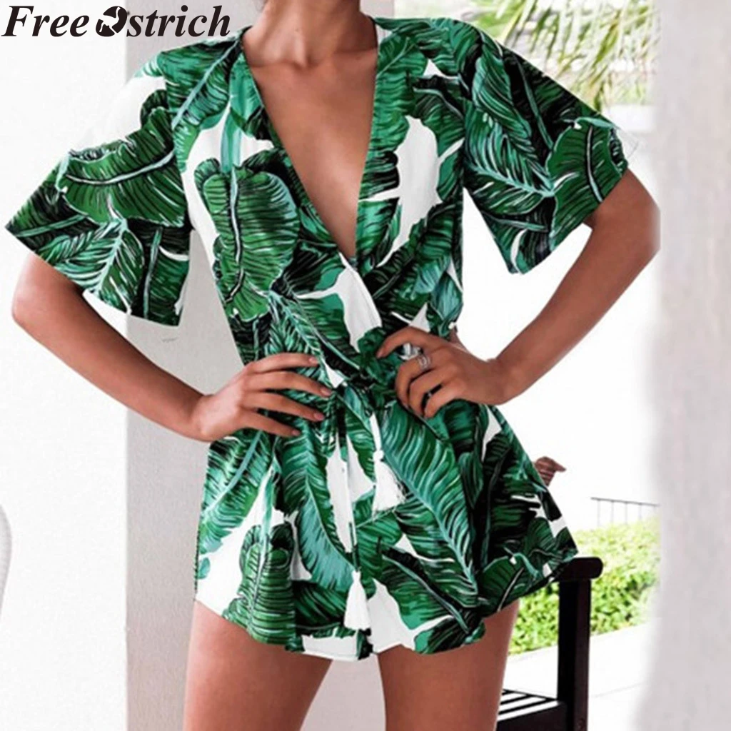 Summer short romper Women jumpsuit leaf print plus size playsuit high waist lace up Ladies sleeve casual | Женская одежда