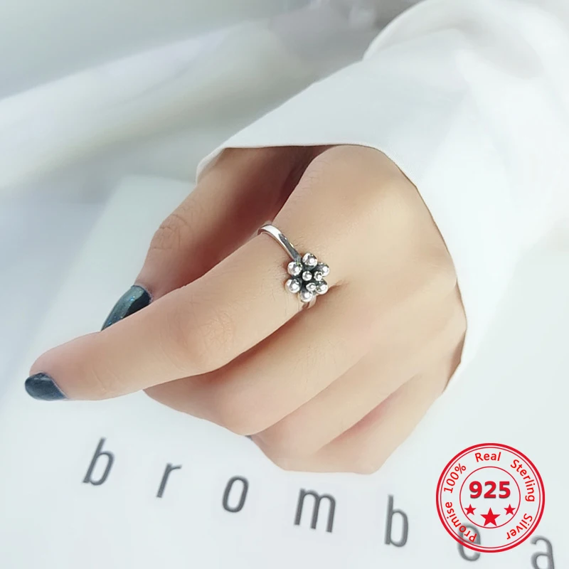 

925 Sterling Silver Simple European American Retro Vintage Simple Daisy Flower Open Rings Women Jewelry