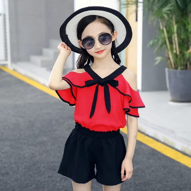 Kids Clothes For Girls Fashion Chiffon Shirt + Shorts Suit Summer Teenage Clothing Set 4 6 8 10 13 Year | Детская одежда и обувь