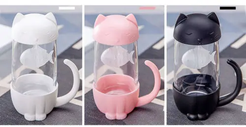 Stylish Hot Sale Lovely Glass Cup Tea Cat with Fish Filter Strainer Glass Cup Tea Infuser Filter Mug Home Office Container Gift