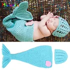 Вязаный костюм русалки, для новорожденных девочек, синий хвост русалки, вязаный крючком, Комплект Шапочки кокон MZS-14025