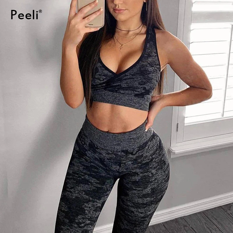 Спортивный костюм Peeli, комплект для спортзала, камуфляжные бесшовные леггинсы, спортивный бюстгальтер, комплект из 2 предметов для йоги, одежда для фитнеса, женская спортивная одежда, тренировочный костюм