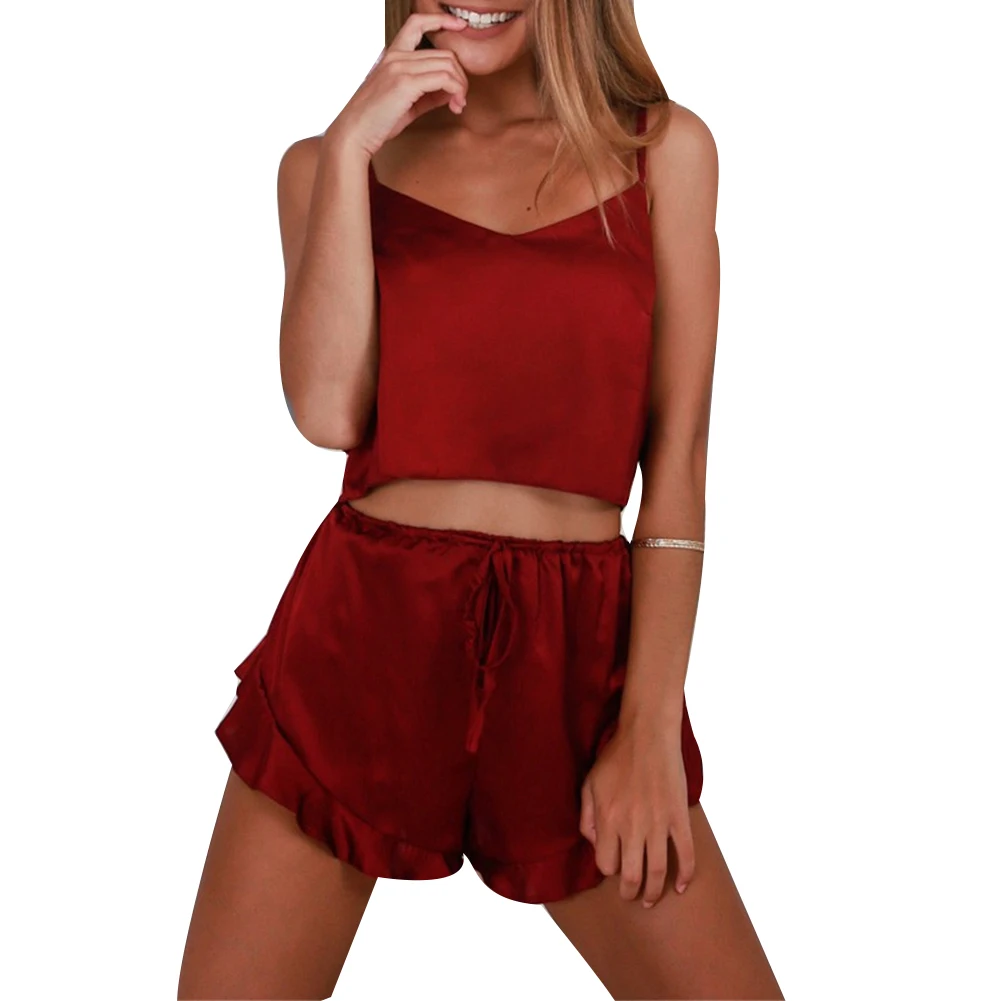 2019 Sexy Nightgown Sleepshirts Women Clothes Sleepwear Strap Sling Solid Color V Neck Camisole Top Ruffled Shorts Cami Sets | Женская