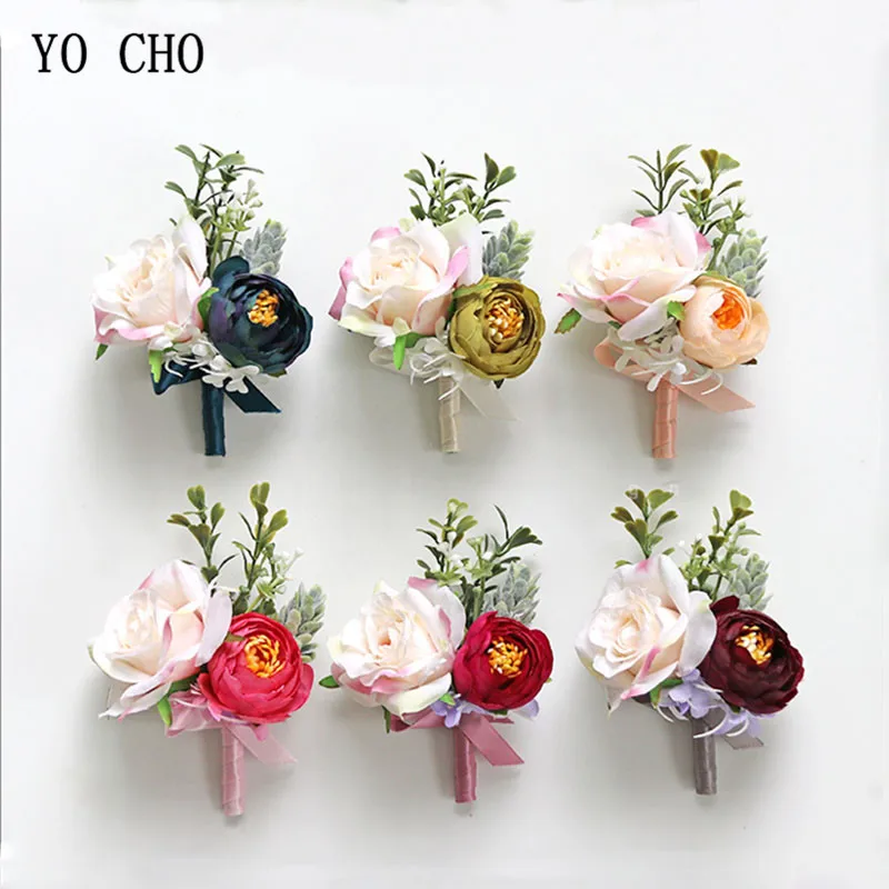 YO CHO Wedding Boutonniere Blue Flower Corsages Silk Roses Marriage Corsage Boutonnieres Groom Guests Brooch Wedding Accessories