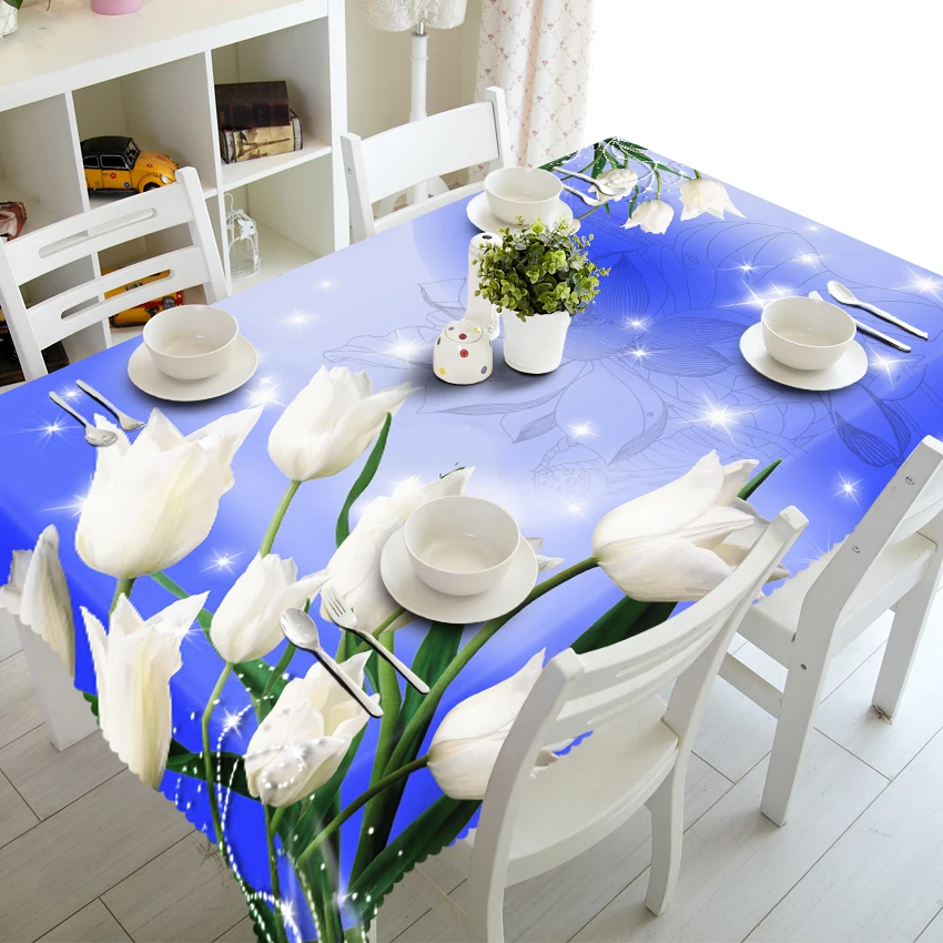 

3d White Lily Flowers Pattern Tablecloth Wedding Decoration Thicken Cloth Round Table Cloth Waterproof Rectangular Table cover