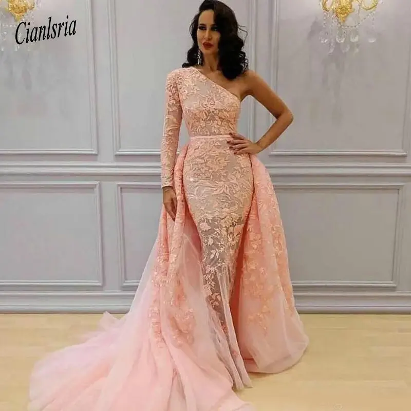 

One Shoulder Mermaid Evening Dresses With Detachable Train Dubai Formal Gowns Muslim Prom Dresses Pageant Party Gowns