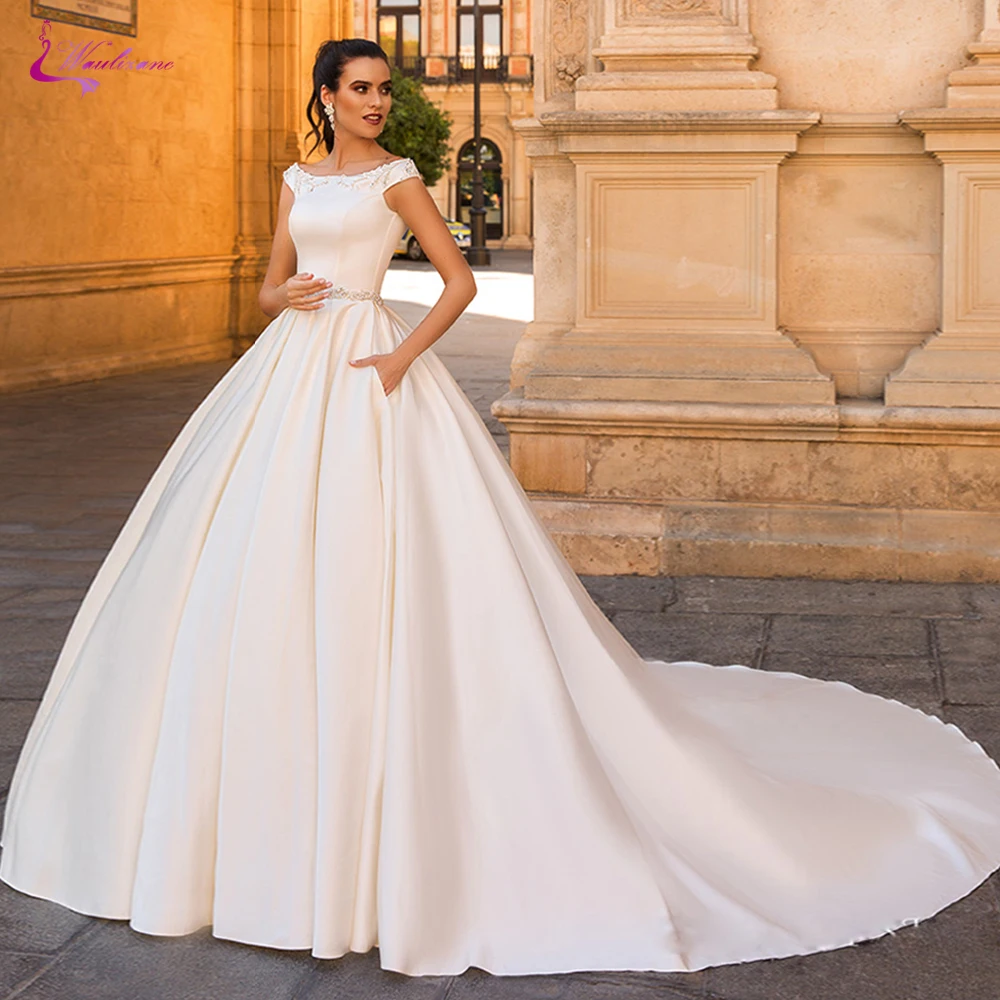 

Waulizane Elegant Satin A Line Wedding Dress With Scoop Neckline Court Train Skirt Delicated Bride Dress