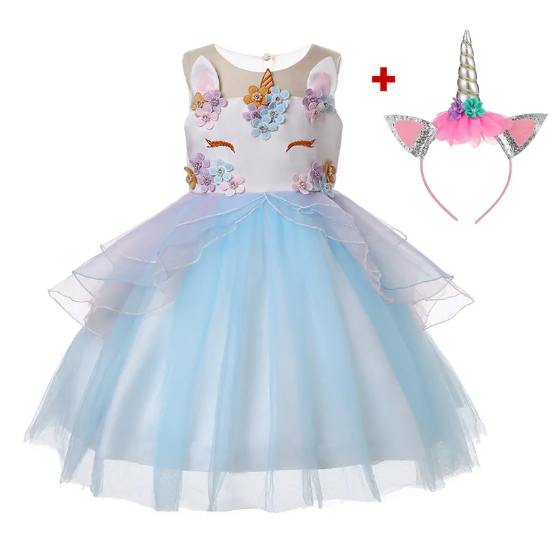 A001 Blue 2 pcs Рождественское платье с единорогом для девочек; Детские платья принцессы для девочек; свадебные платья; Косплей; вечерние платья с единорогом для девочек; vestidos - Цвет: A001 Blue 2 pcs