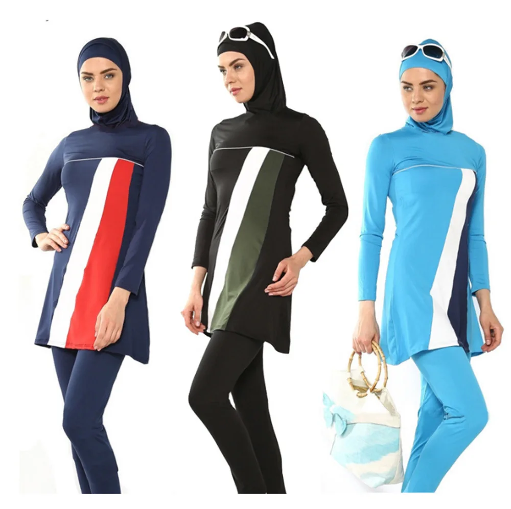 

2021 скромный мусульманский купальный костюм для женщин ислама хит Цвет с длинным рукавом 3 предмета полное покрытие Исламский купальник хид...
