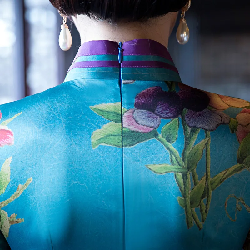 Изящное синее женское шелковое платье Qipao с цветочным принтом повседневное