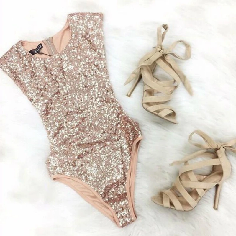 

Summer Sexy Monokini Gold Sparkling Sequin Sleeveless One Piece Swimsuit Brazilian Swimwear Bodysuit Bather Bathing Suit Women
