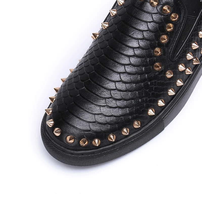 Plus Size 38-46 Snake Leather loafer mocassin shoes men velvet Slip On Luxury Handmade spiked Loafers black Flat | Обувь