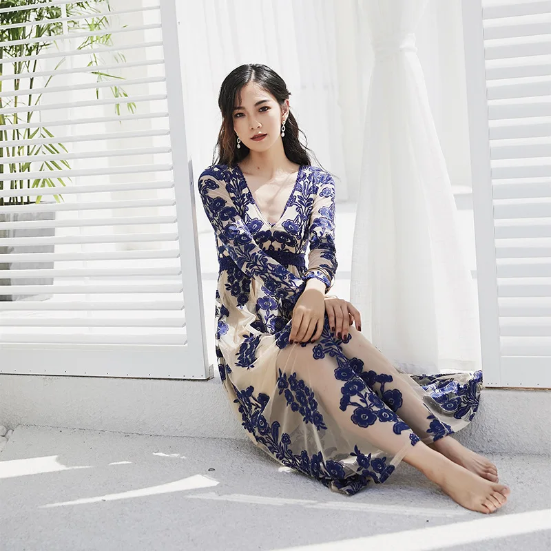 Женское пляжное платье-макси с глубоким V-образным вырезом кружевное платье до