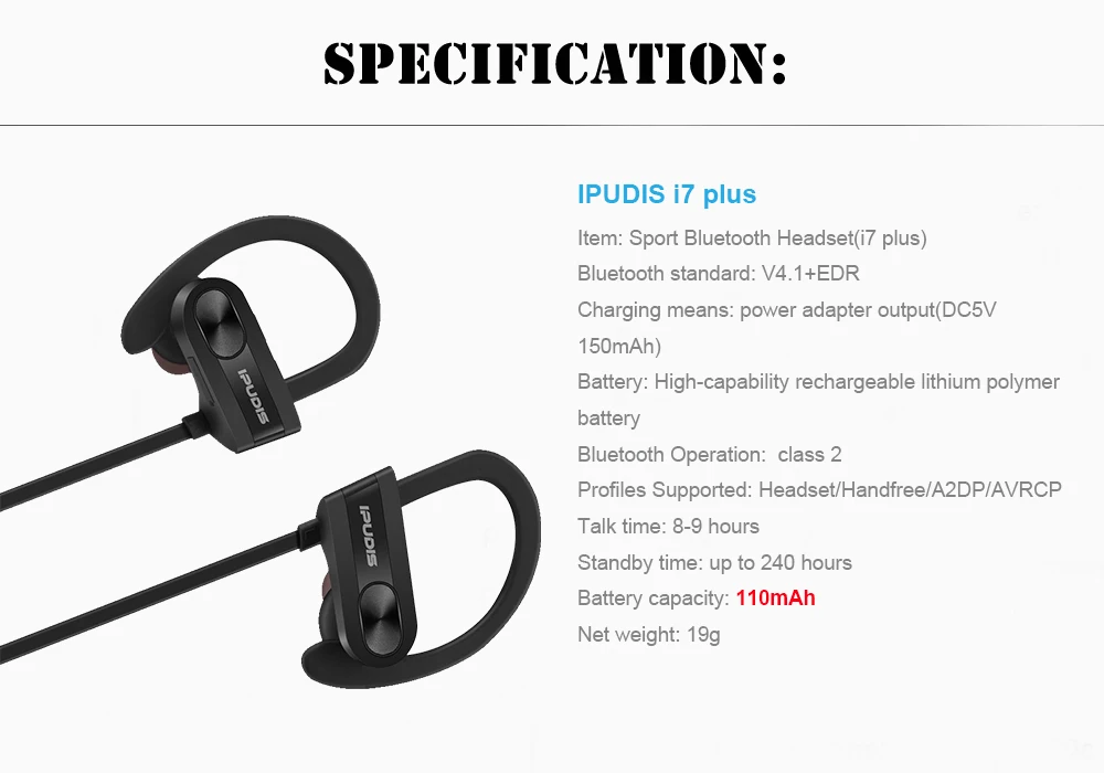 IPUDIS 110 мА/ч, IPX7 водонепроницаемые bluetooth-наушники спортивные Беспроводной гарнитуры портативные наушники с микрофоном