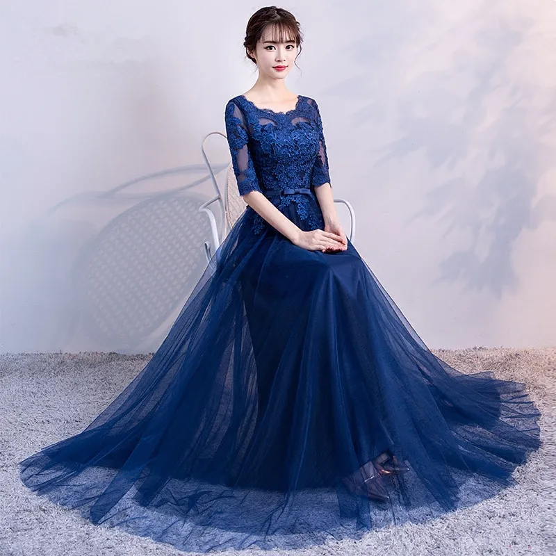 Robe de soiree темно синее длинное вечернее платье с круглым вырезом кружевной