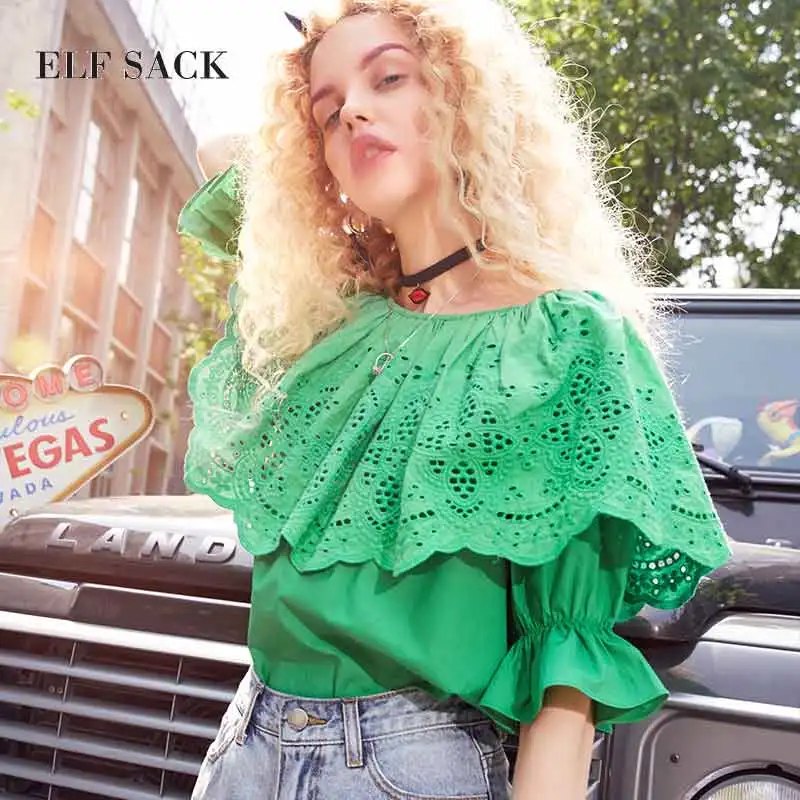ELFSACK stylish Summer Women Cotton Short Casual Lace Chiffon Blouses Slash Neck Lantern Sleeve Female Solid Top Blouse|Блузки| |