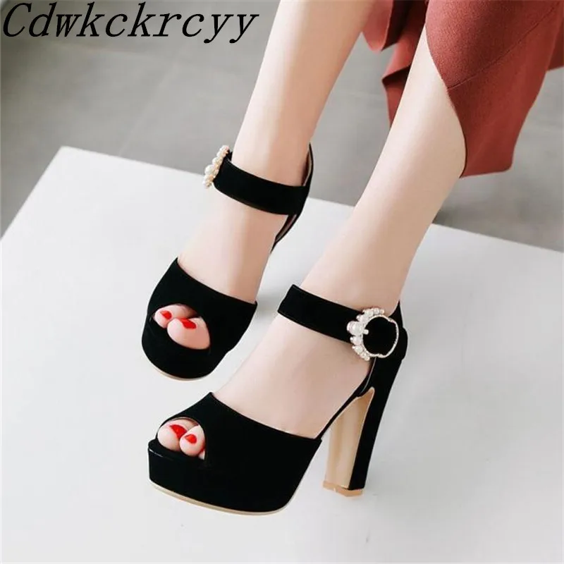Women sandals Summer New pattern fashion Pearl Super high heel Fish mouth Women sandals black sexy Waterproof Sandals size 34-43