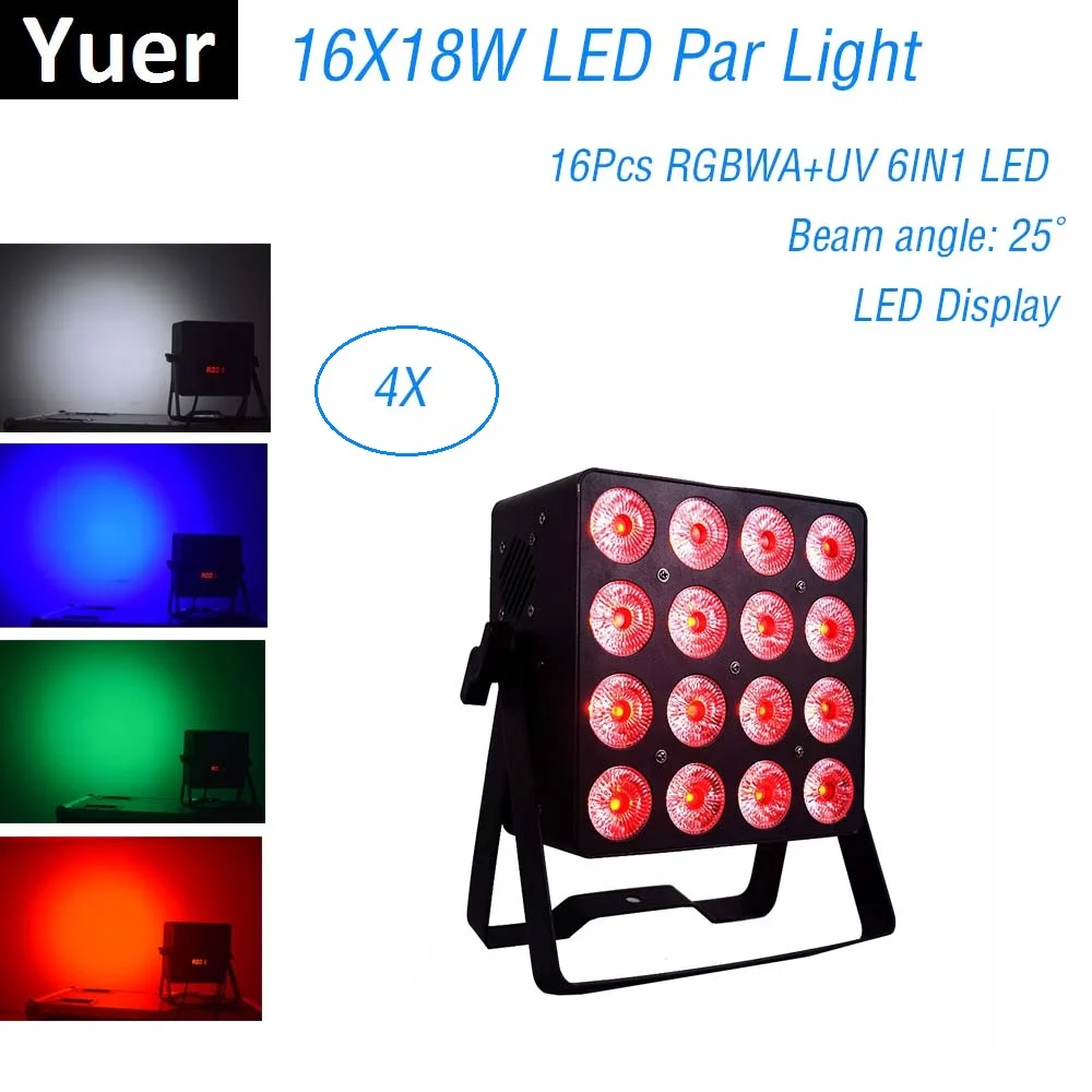

4Pcs Aluminum Alloy LED Flat Par 16X18W Lighting DJ Par Cans RGBWA-UV 6IN1 DMX512 Light DMX Dj Wash Lighting Stage Light Music