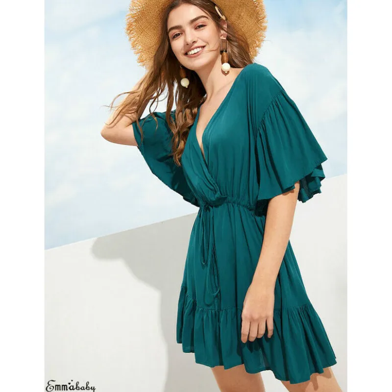 Женское однотонное мини-платье Boho пляжная одежда свободный пояс Летний Пляжный