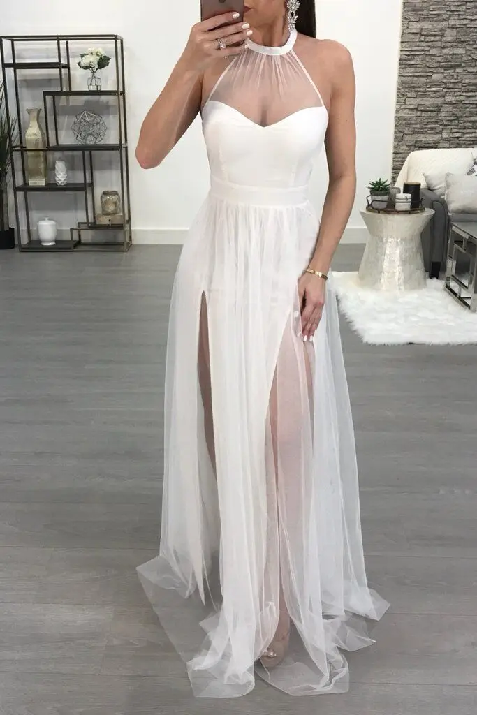 Boho женское длинное платье на бретелях 2018 открытая спина белая сетка без рукавов