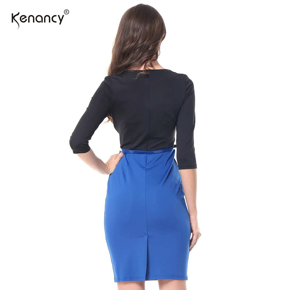 Kenancy, 2 цвета, с поясом, цветной блок, пэтчворк, платье-карандаш для женщин, рукав 3/4, v-образный вырез, длина до колен, с разрезом сзади, облегающее платье