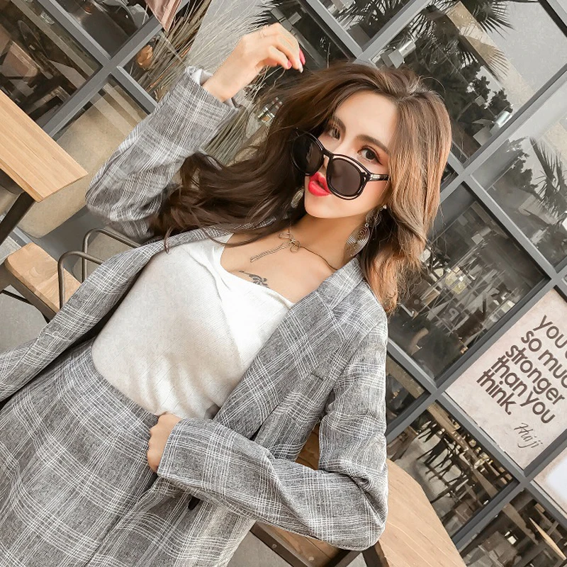 Женские винтажные серые клетчатые короткие костюмы блейзер с длинным рукавом и