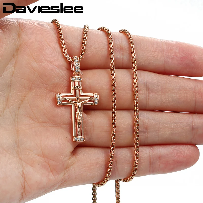 Davieslee крест кулон Цепочки и ожерелья для Для женщин 585 Rose Gold Filled Ясно Стразы Иисус