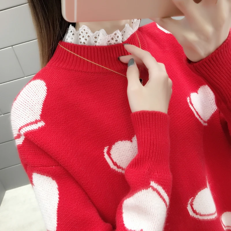 Loose Casual Women Knitted Sweater Autumn Winter Ladies O-neck Tops Pullover Korean Christmas Sweaters Hearts Knitwear Red | Женская