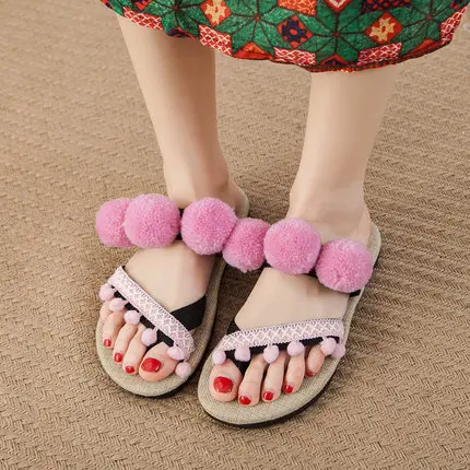 pink Женские сандалии с помпонами; Boho Hemp Espadrilles; пляжные шлепанцы; Летние праздничные Вьетнамки; Размеры 35-44 - Цвет: pink