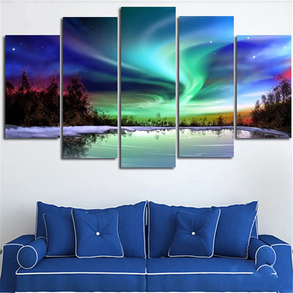 

Modern HD Frame Home Decor Canvas Painting Poster 5 PiecePcs Green Aurora Nature Scenery Wall Art Living Room Printed Pictures