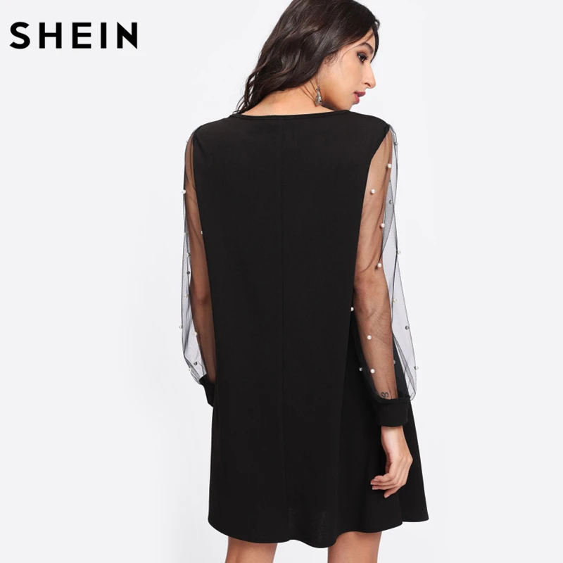 SHEIN Модное Платье С Бусинами Женское Черное Элегантное Платье-Туника С Длинными Рукавами