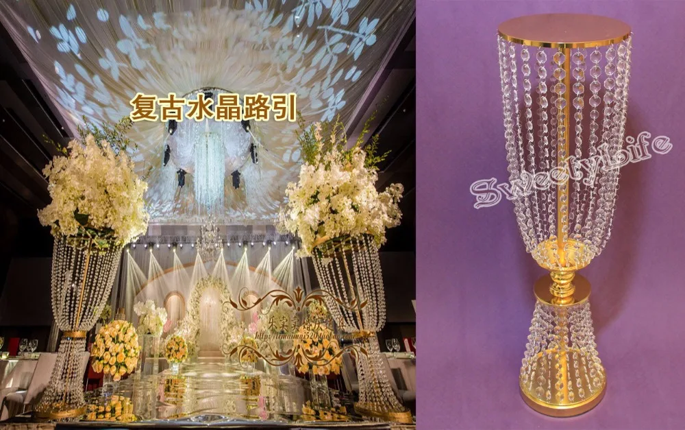 

Gold wedding centerpiece acrylic bead strands ,80cm tall acrylic crystal flower stand for wedding table decor