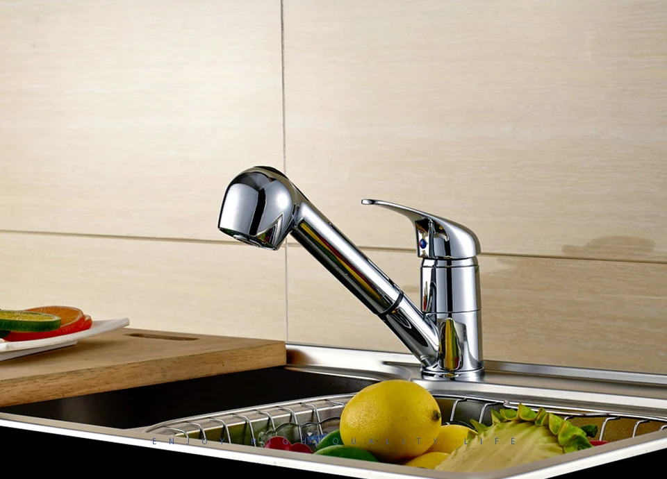 Contemporary Style Brass Chrome Plated Pull out Kitchen Mixer Tap Single Handle Deck Mounted Kitchen Faucet MK2908