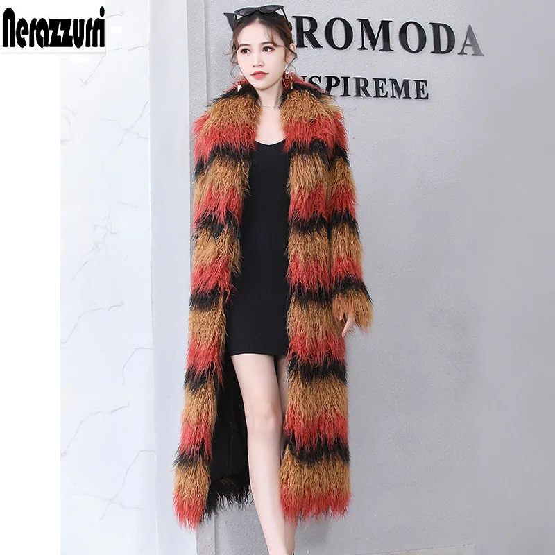 multi color Nerazzurri разноцветное пальто из искусственного меха длинные пушистые монгольские Овцы мех плюс размер 5xl 6xl 7xl Женская Зимняя мода - Цвет: multi color
