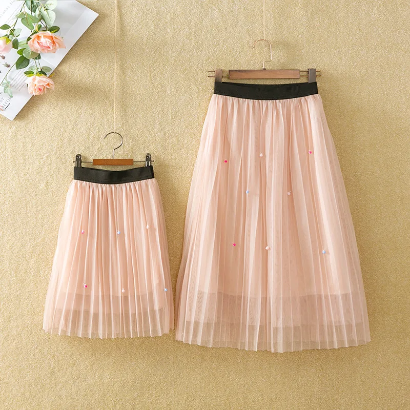 2019 Spring Pearls Lace Skirt for mother &amp daughter Little Girl Mid-Calf Mesh Skirts Toddler Bead Family Outfit High Waist | Мать и