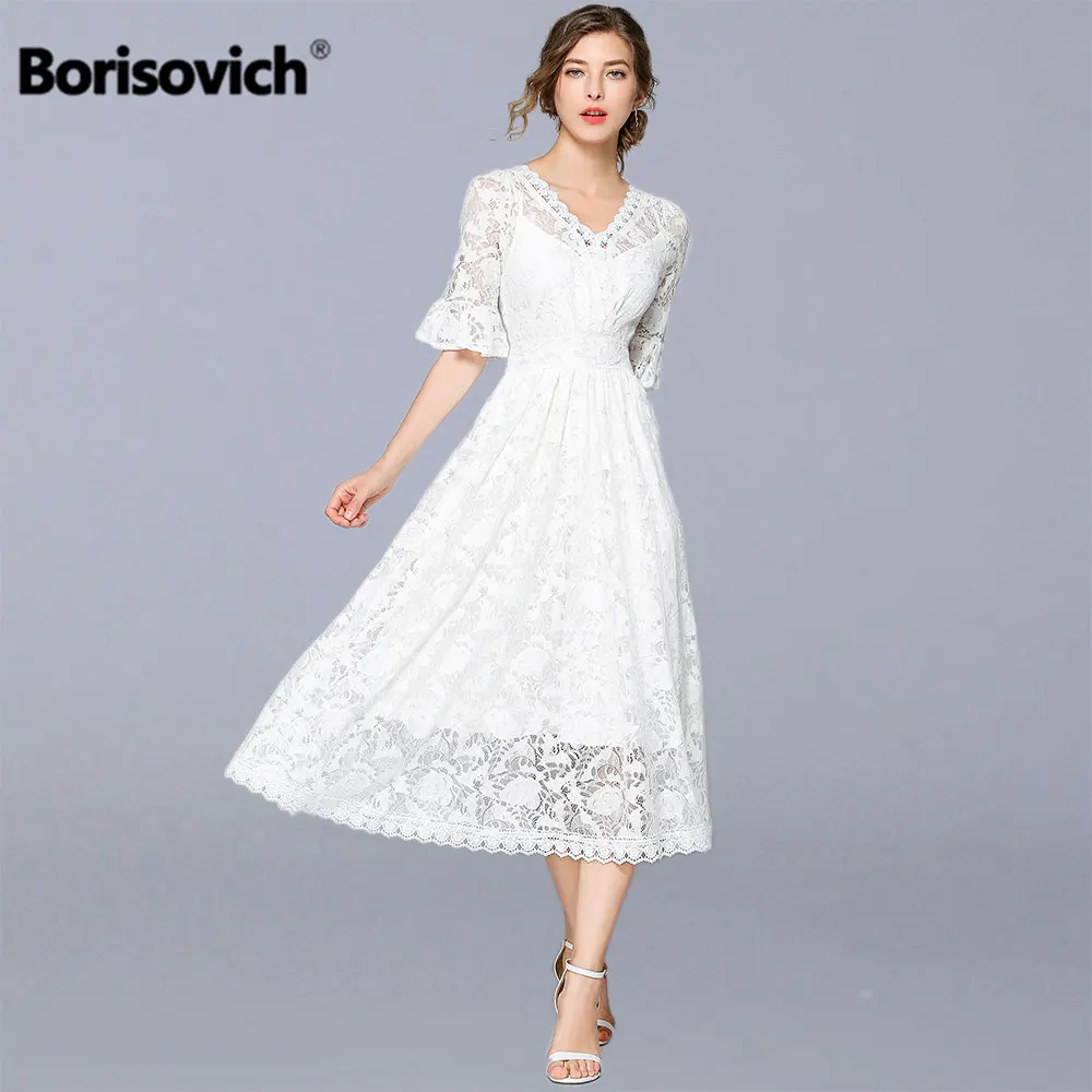 Borisovich женское белое кружевное длинное платье бренд Летняя мода v-образный вырез большие качели А-силуэт элегантные женские вечерние платья N1211