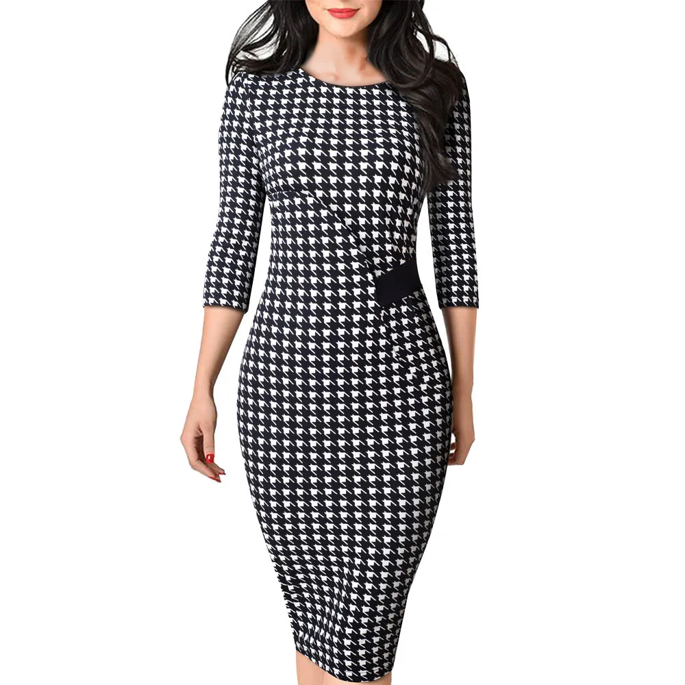 Women Elegant Houndstooth office lady Dress Casual Fitted sheath bodycon Pencil Dress EB543 - Цвет: Houndstooth