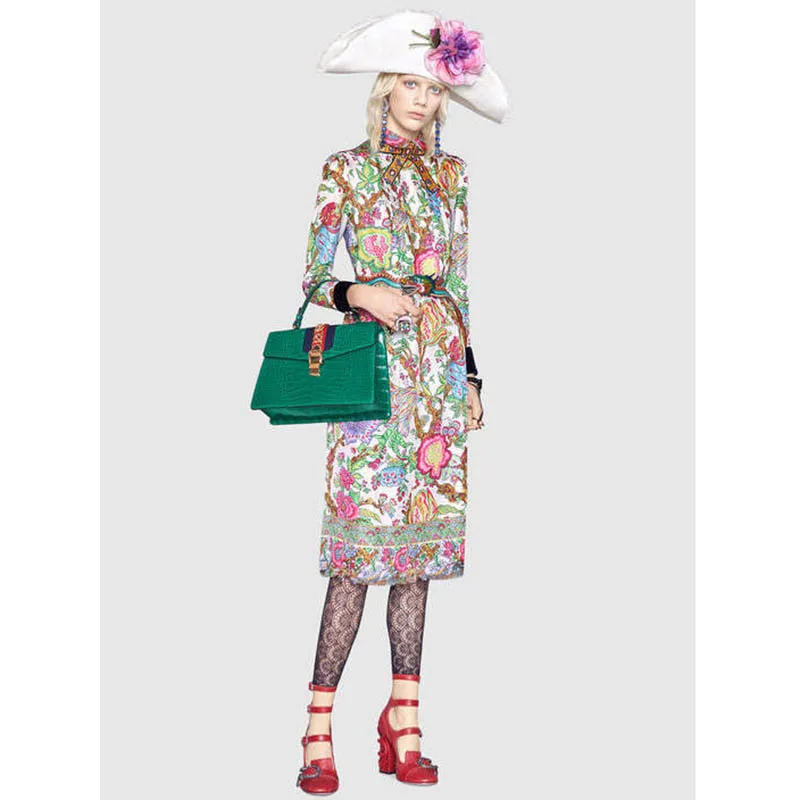 New Arrival 2017 Woman Autumn Dress Beautiful Colors Print Straight Square Collar Clothes Full Sleeve Cotton Mid Calf |