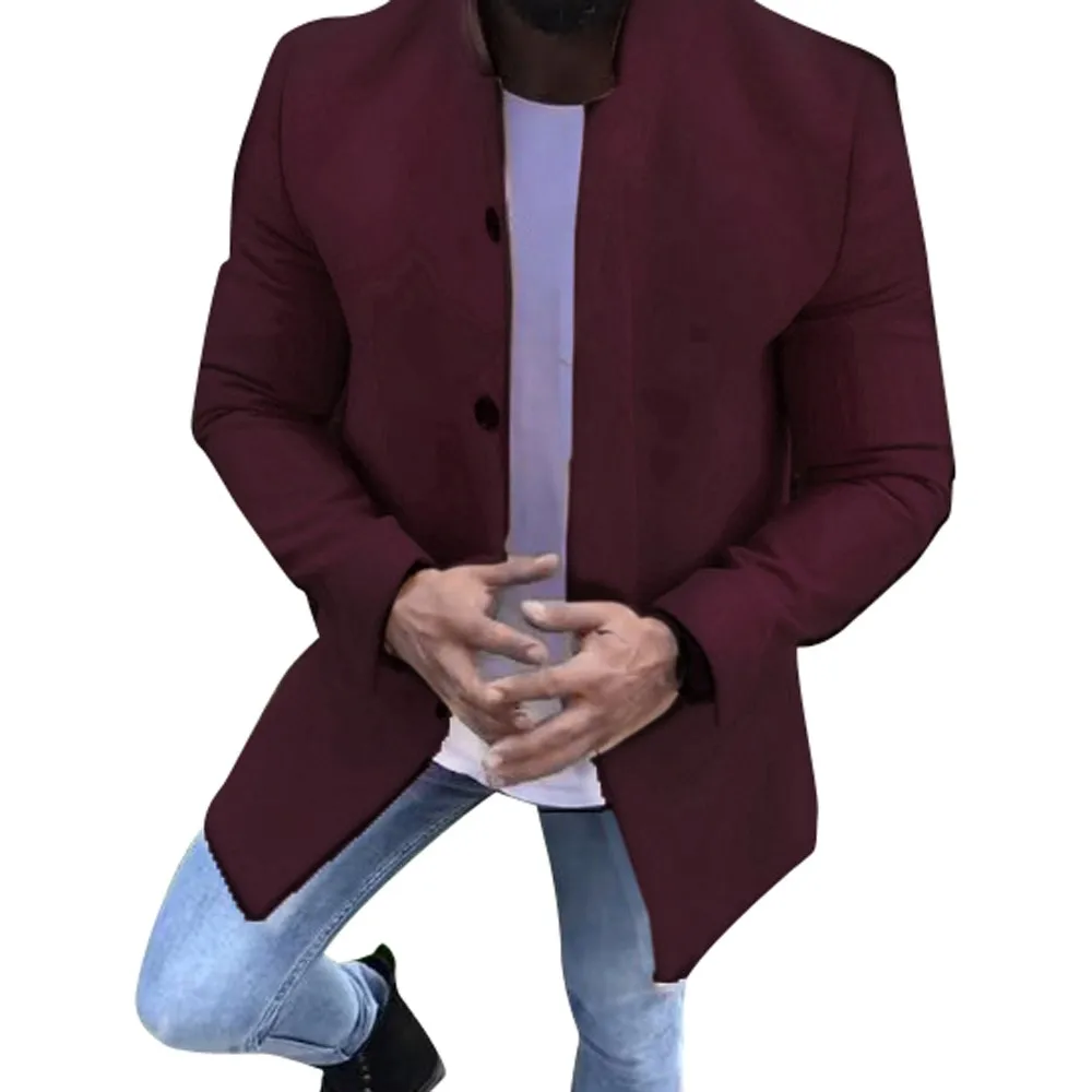 Бургундия Мужской тепло зимой Slim Fit длинное однотонное Цвет бизнес шерстяное пальто/Мужская Высокая-класс Чистый цвет Куртки большого размера - Цвет: Бургундия