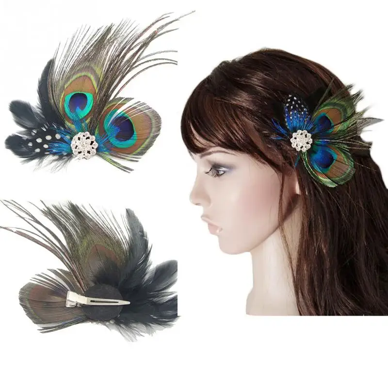 Women Colorful Peacock Feather Headband Crystal Rhinestone Hair Clip hairpin Bridal Wedding Accessory |