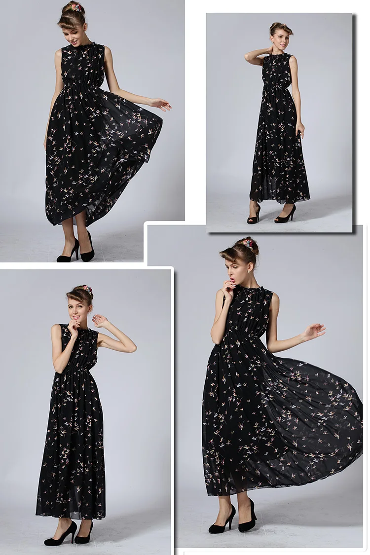 2015 Summer Style Black White Pleated Maxi Robe O-neck Tank Loose Print Floral Women Beach Chiffon Vestidos Long Bohemian Dress | Женская