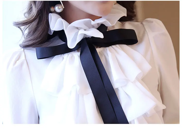 2019 новая весенняя женская белая шифоновая блузка на шнуровке с бантом полный