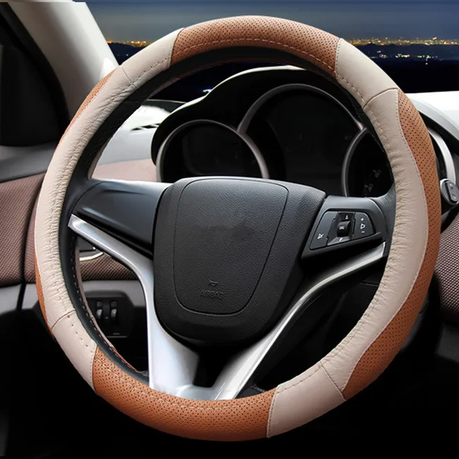beige and brown Высокое качество кожаный чехол рулевого колеса автомобиля четыре сезона универсальные автомобильные аксессуары для Chevrolet cruze mrlibu aveo SAIL trax - Название цвета: beige and brown