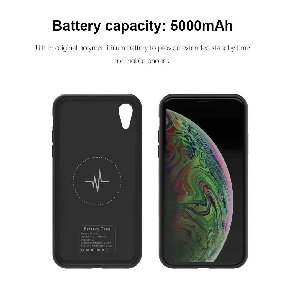 5000 мА-ч, беспроводное зарядное устройство power Bank для iPhone XR чехол-аккумулятор Задний зажим зарядное устройство для телефона Чехол черный