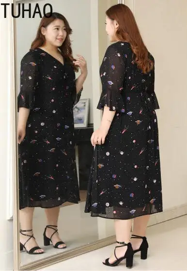 TUHAO Большие размеры 10xL 8XL элегантные женские шифоновые платья с рукавом-бабочкой длинные шифоновые летние платья офисное платье с принтом MS18